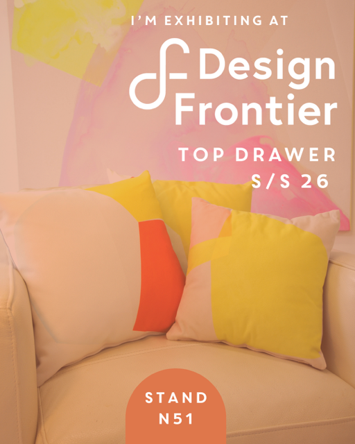 a graphic showing three colourful cushions on a chair which has a pink overlay and text that reads 'Design Frontier' from S/S26, stand n51